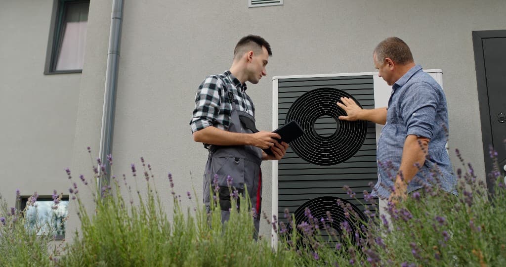Installer with a tablet and homeowner standing beside an outdoor heat pump unit
